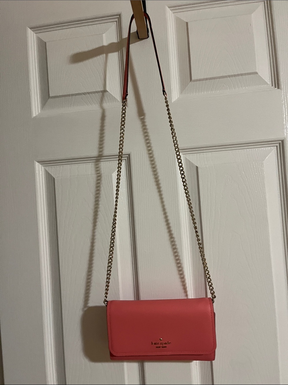 kate spade Coral Pink Leather Crossbody Wallet with Gold Chain